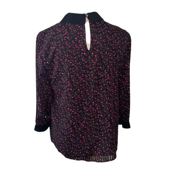 CeCe Black Floral Print Long Sleeve Sheer Striped Collared Blouse Size Medium - Picture 3 of 6